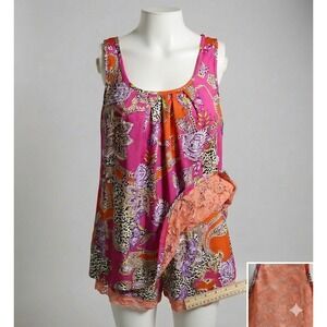 In Bloom by Jonquil Satin Pajama Set Pink Leopard Floral Lace Cami Shorts M